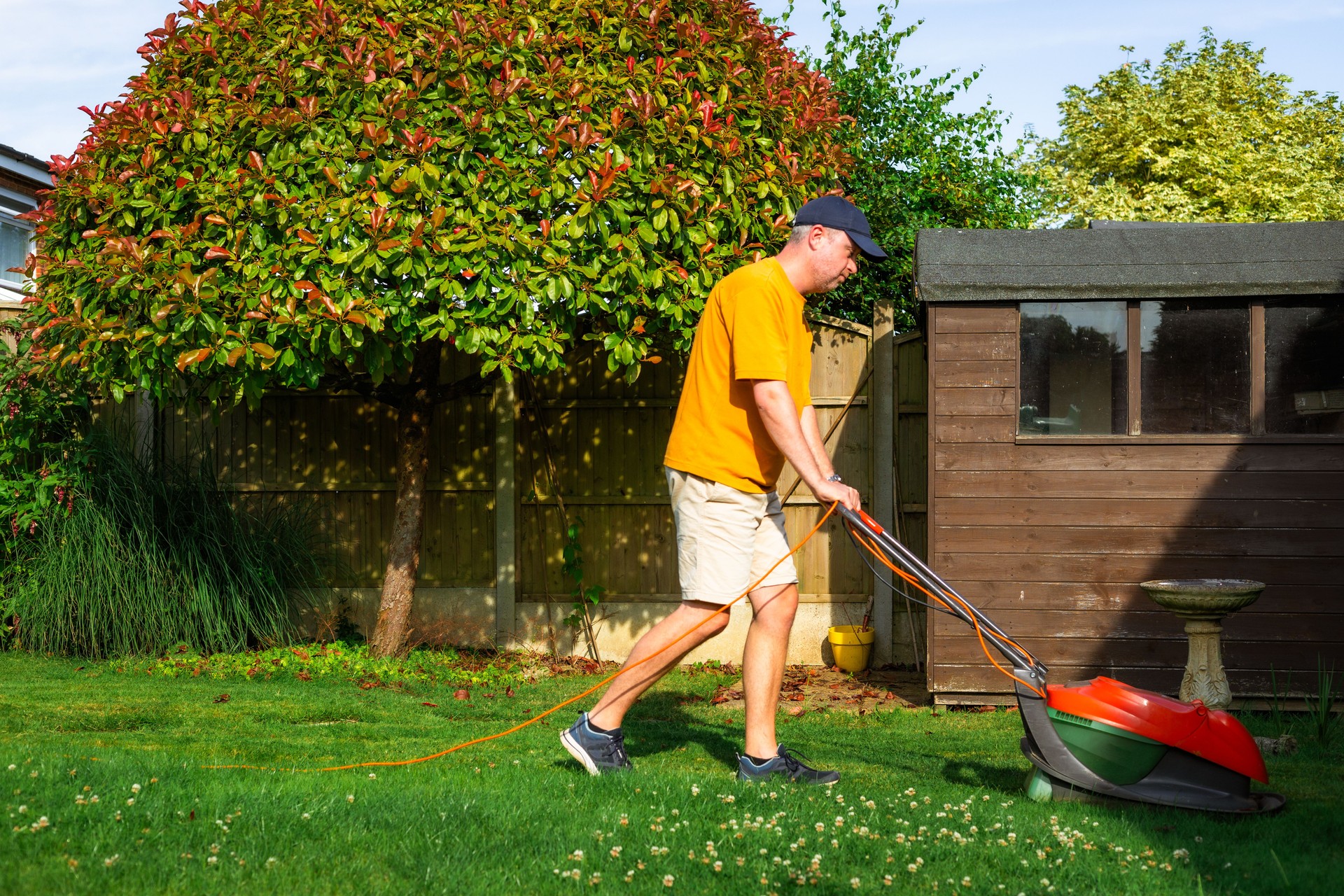 Mid adult male home owner mowing lawn on summer evening